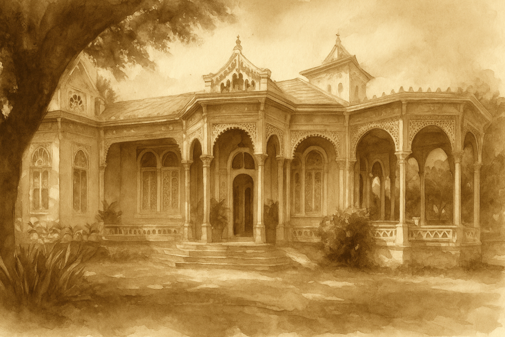 Fachada neomudéjar de la Casa Román en el barrio Manga de Cartagena de Indias, con arcos moriscos, columnas ornamentadas y luz dorada de atardecer caribeño.